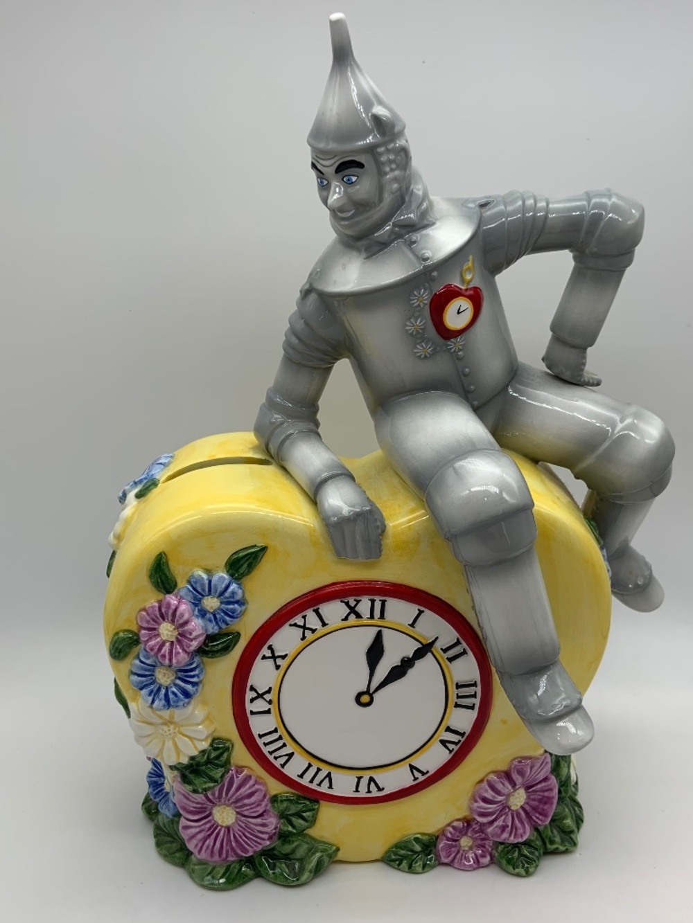 Vintage Enesco The Wizard of Oz Tin Man Ceramic Floral Clock Coin Bank 1999